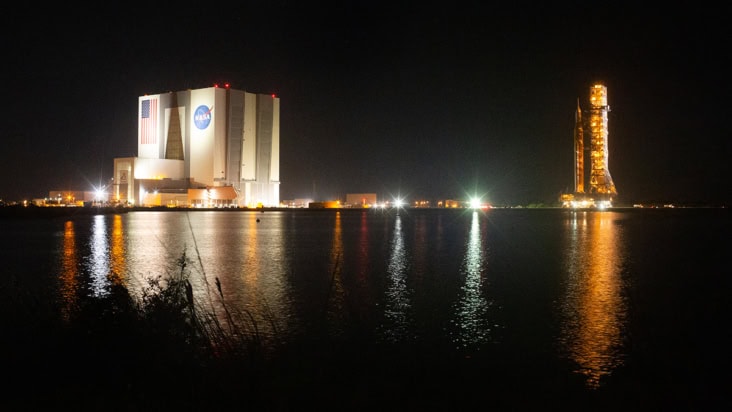 Photo of a rocket launch at Kennedy Space Center at night