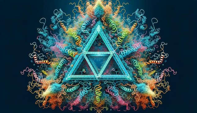 Image showing measuring sticks grouped into a triangle and surrounded by squiggly molecules