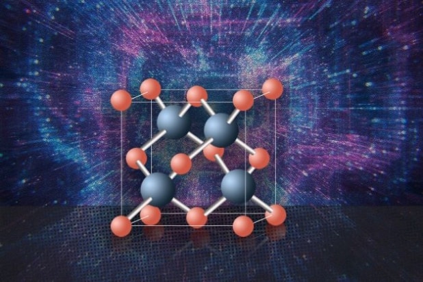 An artist's sketch of cubic boron arsenide, incorporating a ball-and-stick model of the chemical with four blue balls (representing arsenic atoms) and 14 smaller red balls (representing boron atoms). In the background is a burst of fuzzy purple-and blue lines suggesting movement of electrons