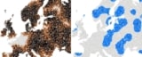 Map of Europe showing disease outbreaks in two scenarios