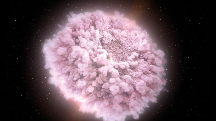 Artist’s impression of the hot, dense, expanding cloud of debris stripped from two neutron stars just before they collided and merged