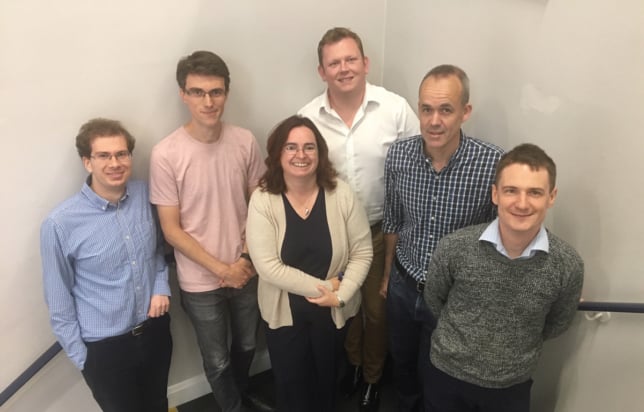 Intellegens chief technology officer Gareth Conduit (right) and chief executive officer Ben Pellegrini (second from right) with colleagues (left to right) Robert Parini, Tom Whitehead, Sue Flatman and Jamie Smith