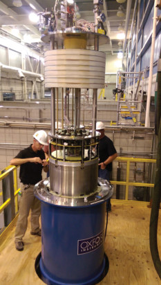 The 32 T magnet lowered into its cryostat