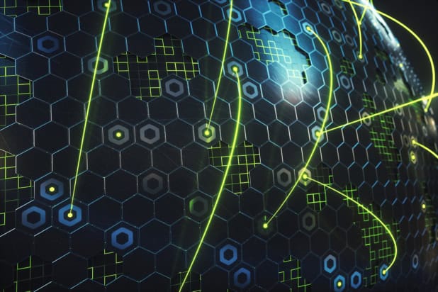 Conceptual image of quantum networking showing lines connecting cells on a grid superimposed on a globe