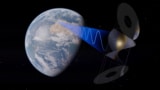 Graphic of a space-based solar panel beaming energy back to Earth