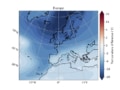 A map of Europe and North Africa showing temperature response after the AMOC collapse. Much of the map is coloured dark or light blue, indicating temperature drops of up to 20 degrees Celsius