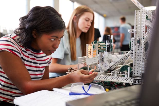 Young women in a college engineering lab