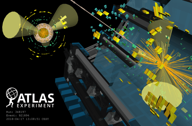 A conceptual image of particles colliding within the ATLAS detector at CERN